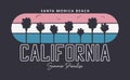 California, Santa Monica beach typography graphics for t-shirt design with palm trees and gulls bird. Print for apparel. Vector
